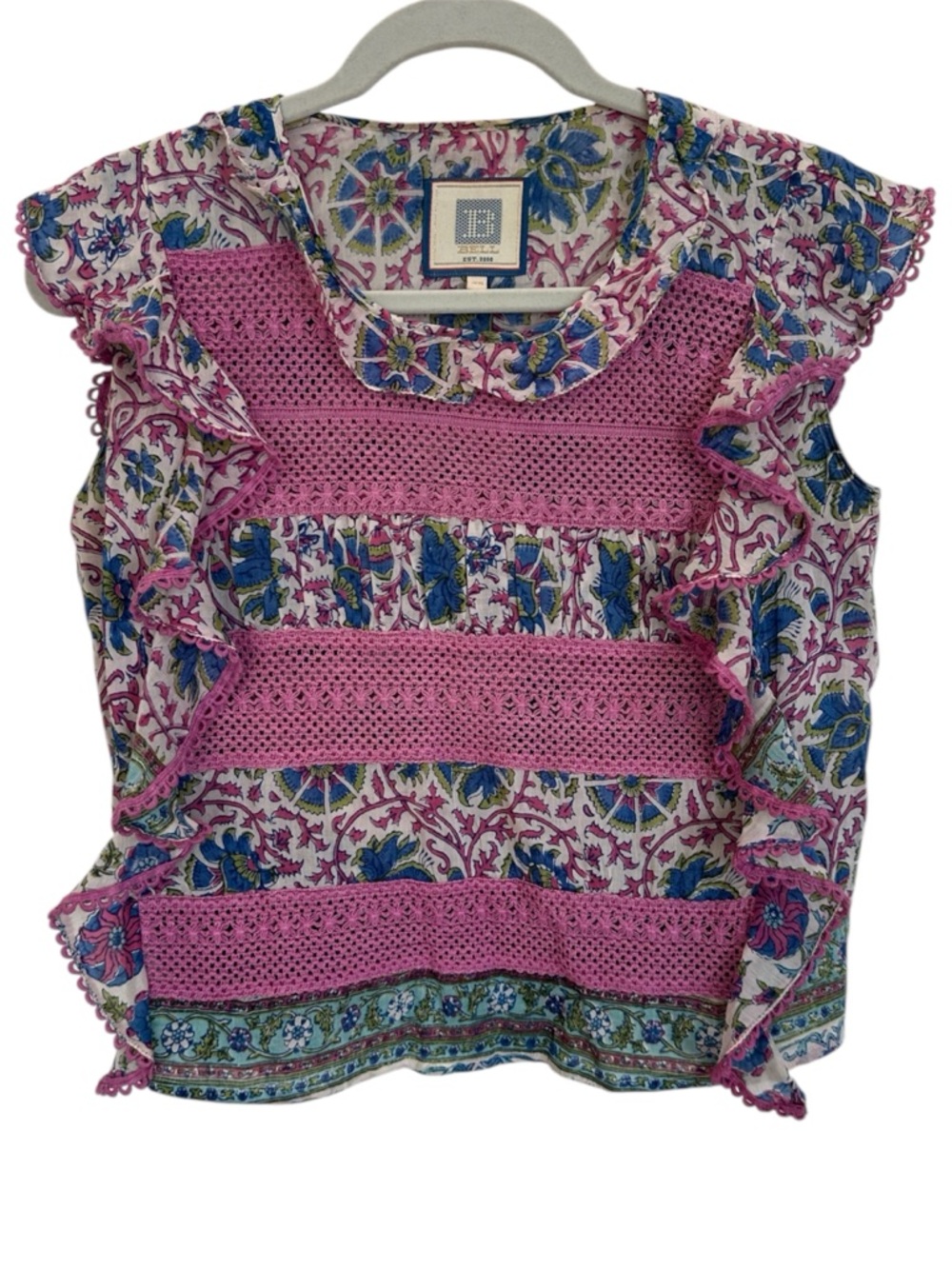 Bell by Alicia Bell Chloe Print Lace Trim Crochet Ruffle Top Cotton Silk XS